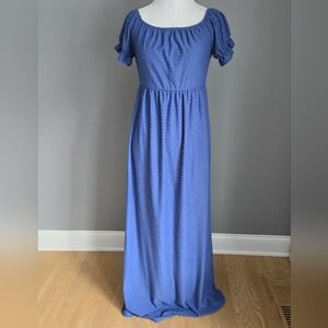 PinkBlush Blue Off Shoulder Textured Polka Dot Short Sleeve Maxi, Size M